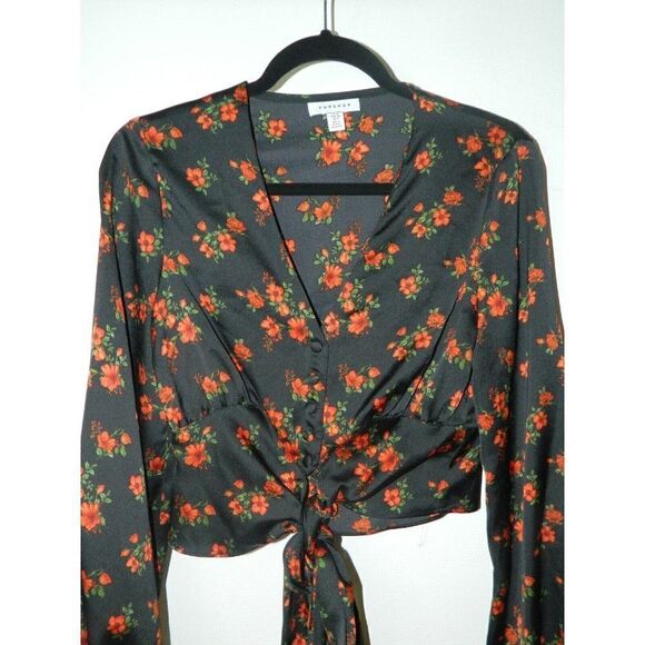 Topshop Blouse Black Red Floral Print‎ Corset Tie Cropped Long Sleeve Size 2 - Picture 4 of 8